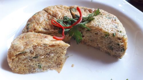 High angle view of breakfast served in plate