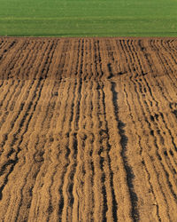 High angle view of tire tracks on field