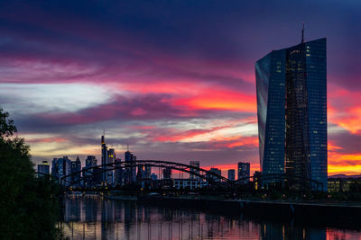 Bridge over river by buildings against sky during sunset