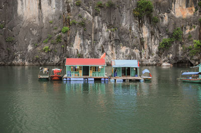 High angle view of hut floating on lake