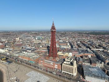 High angle view of city against clear sky