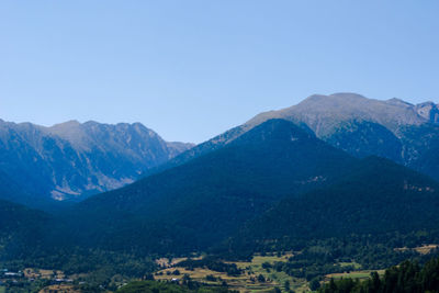 Scenic view of mountains against clear blue sky