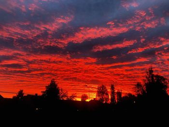 Low angle view of silhouette trees against dramatic sky