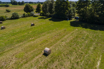 High angle view of hay bales on field