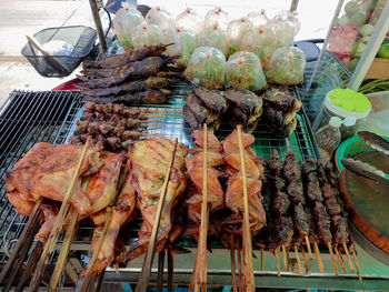 High angle view of meat for sale at market