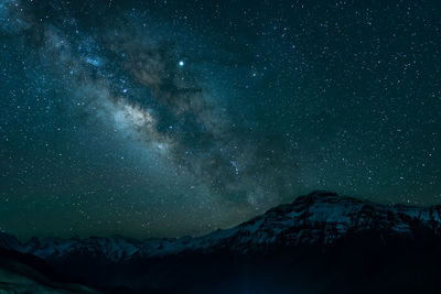 Scenic view of mountains against sky at night