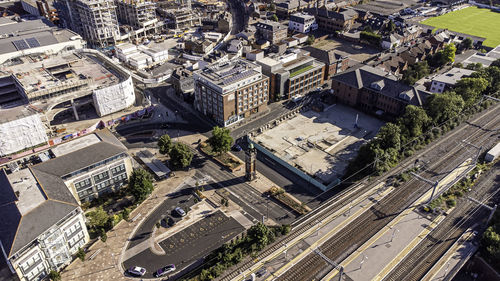 High angle view of buildings in city