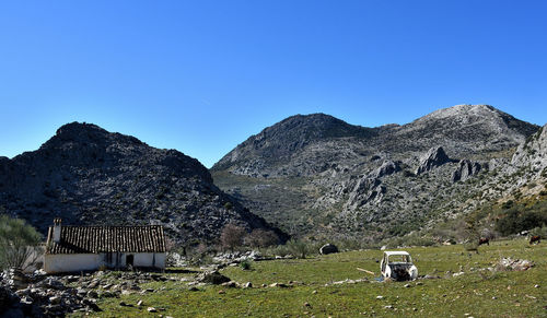 Scenic view of mountains against clear blue sky