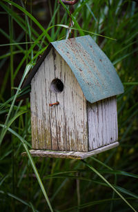 Close-up of birdhouse on field