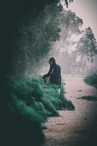 Rear view of man walking on footpath in forest