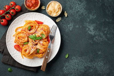 High angle view of food in plate on table