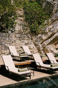 Empty chairs by swimming pool against trees