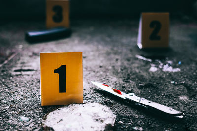 Close-up of numbers at crime scene