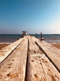 Wooden pier on beach against clear sky