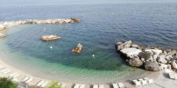 High angle view of rocks on sea shore