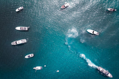 High angle view of sailboat in sea