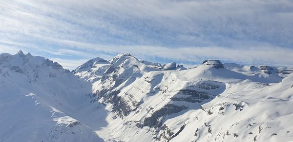 Scenic view of snow covered mountains against sky