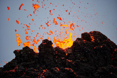 Magma splatters being thrown out of the crater by the power of the volcano eruption.