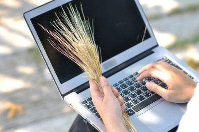 Midsection of person holding mobile phone