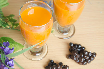 High angle view of drink on table