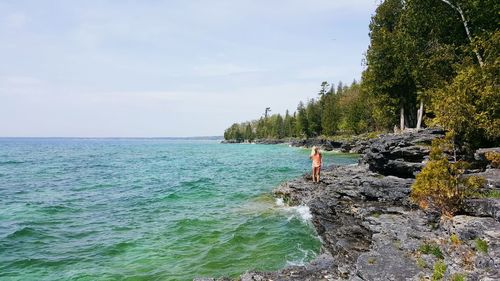 Rear view of man standing on rock by sea against sky