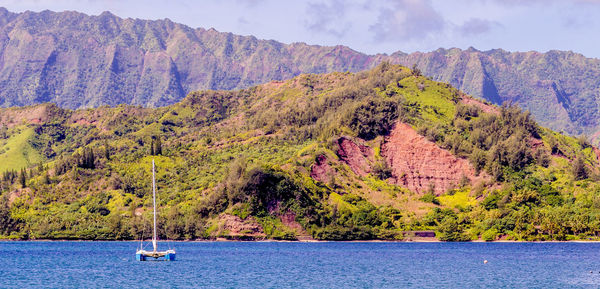 Scenic view of lake by mountain against sky