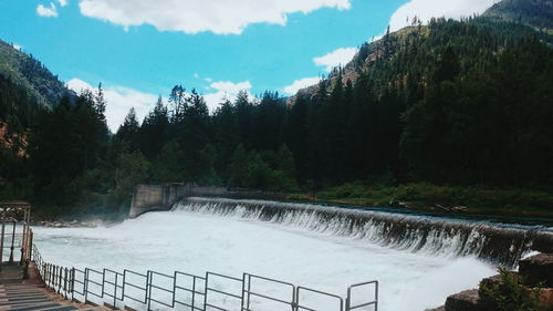 Scenic view of canyon dam against sky