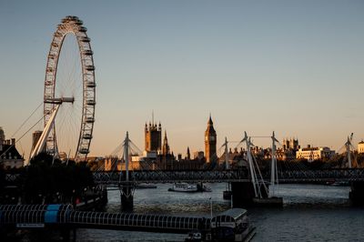 Ferris wheel by river against clear sky in city