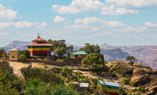 Colorful womans church at the foot of the hill of debre damo monastery, ethiopia