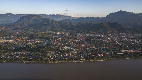 Aerial view of mountains against clear sky