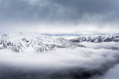 Scenic view of snow covered mountains against sky