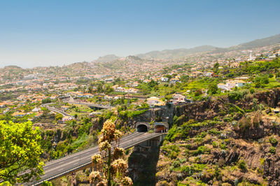 Aerial view of cityscape against clear blue sky