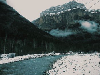 Scenic view of snow covered mountains