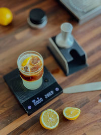 High angle view of drink on table