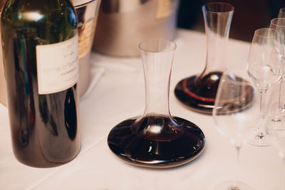 Close-up of wine glasses on table