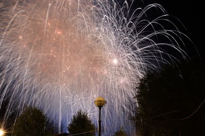 Low angle view of fireworks against sky at night