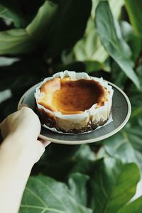 Close-up of hand holding cheese cake