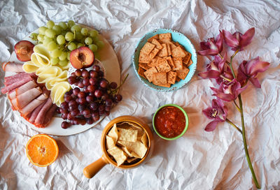 High angle view of fresh food on crumpled paper
