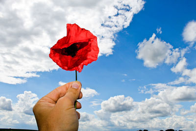 Close-up of hand holding umbrella against clear sky