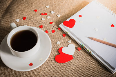 High angle view of coffee on table