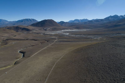 Environment geysers of "el tatio" at sunrise from aerial view