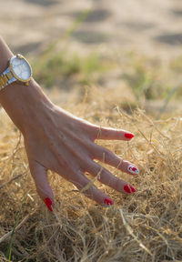 Cropped hand of woman on field