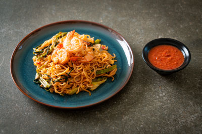 High angle view of food in plate on table