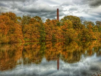 Scenic view of lake by trees against sky