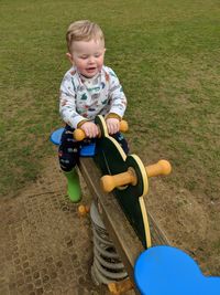 High angle view of boy in playground