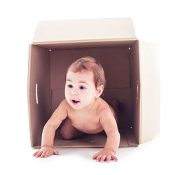 Portrait of cute girl in box against white background