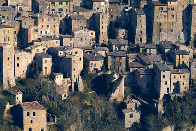 High angle view of old buildings in town