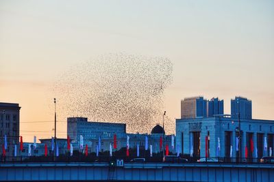 City buildings against clear sky during sunset