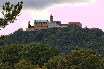 Buildings by trees against sky