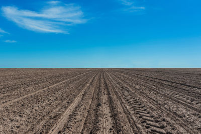 Plowed field to the horizon with tractor wheel tracks